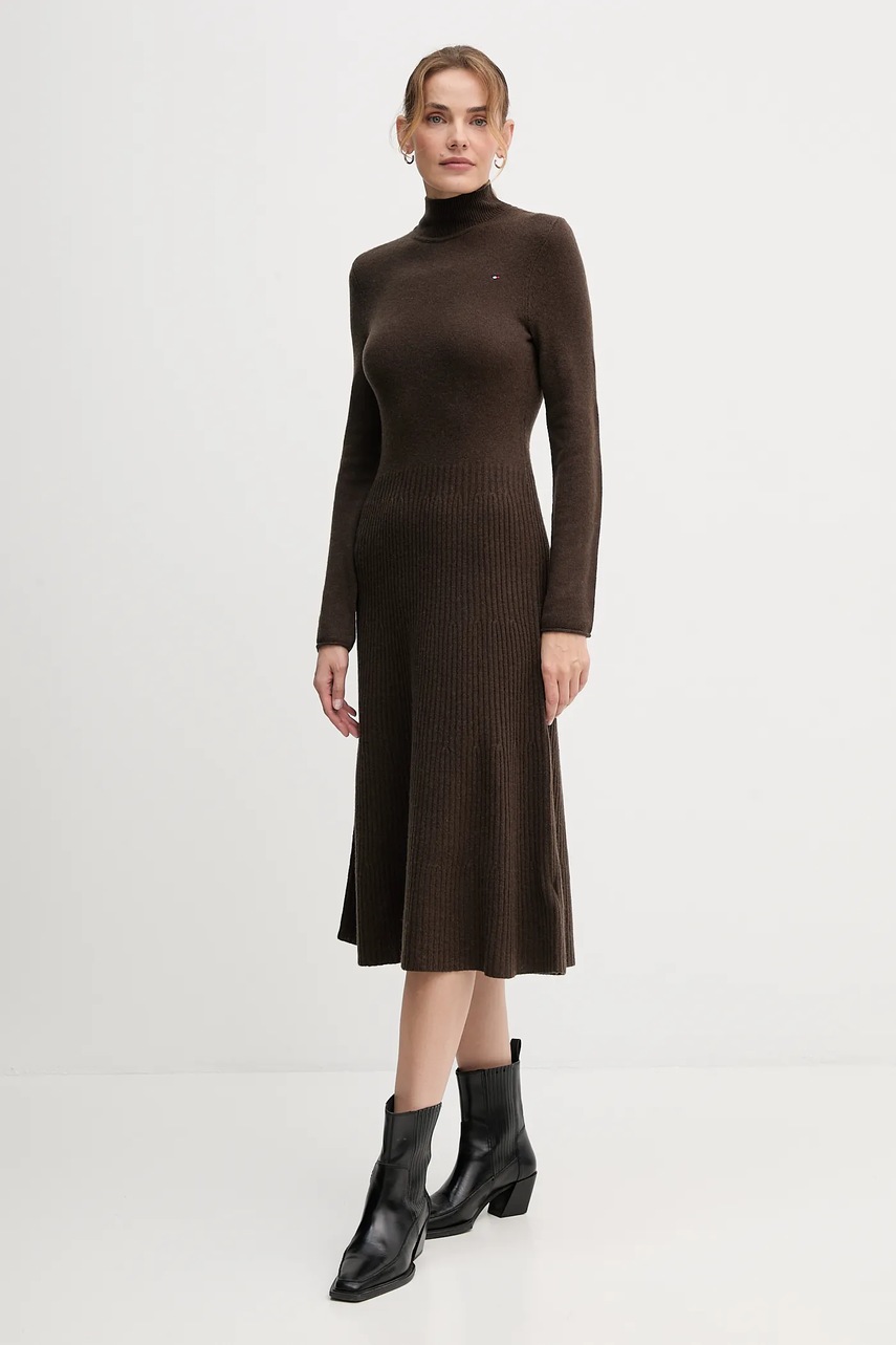 Вовняна сукня Tommy Hilfiger колір зелений midi розкльошена WW0WW47303