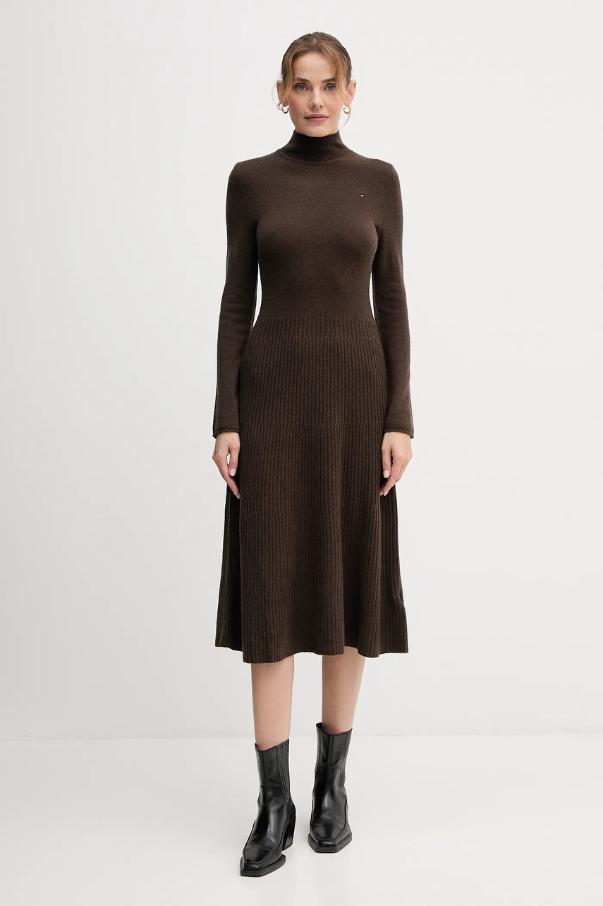 Levně Vlněné šaty Tommy Hilfiger zelená barva, midi, WW0WW47303