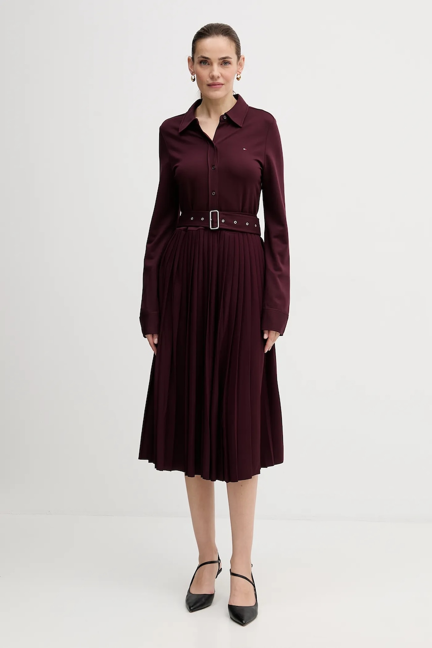 Šaty Tommy Hilfiger vínová barva, midi, WW0WW48398