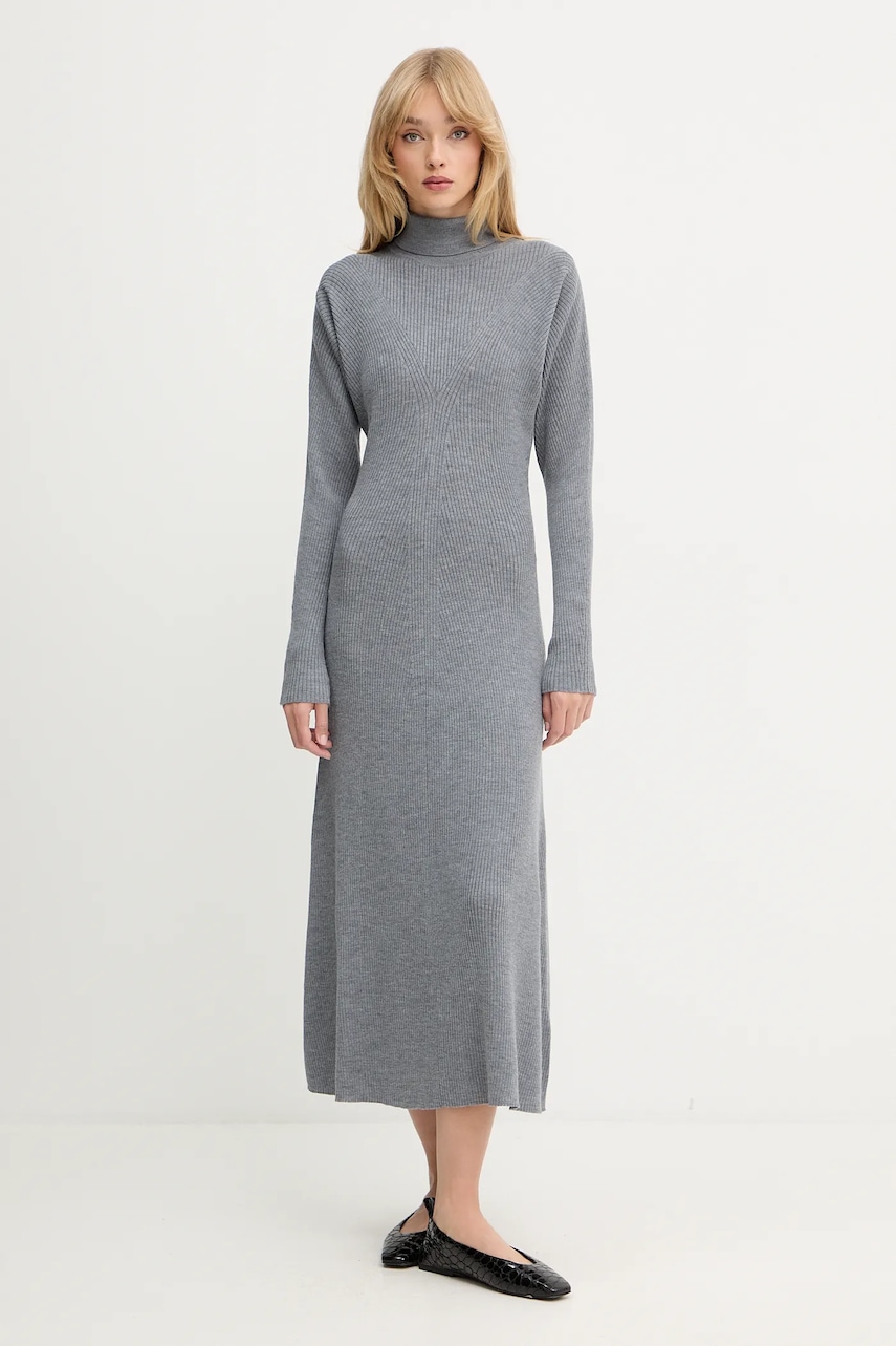 BOSS rochie din lână culoarea gri, maxi, evazați, 50548520