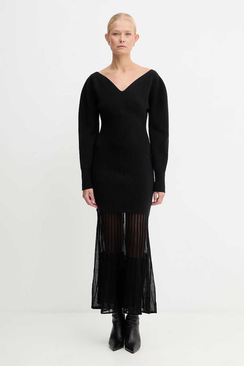 BOSS rochie cu lână culoarea negru, midi, mulată, 50550771