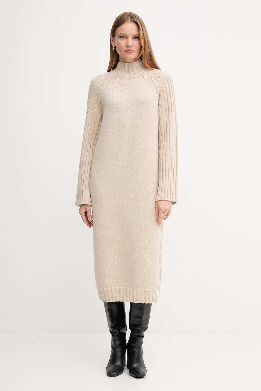 Barbour rochie din lână VERA culoarea bej, midi, drept, LDR0940