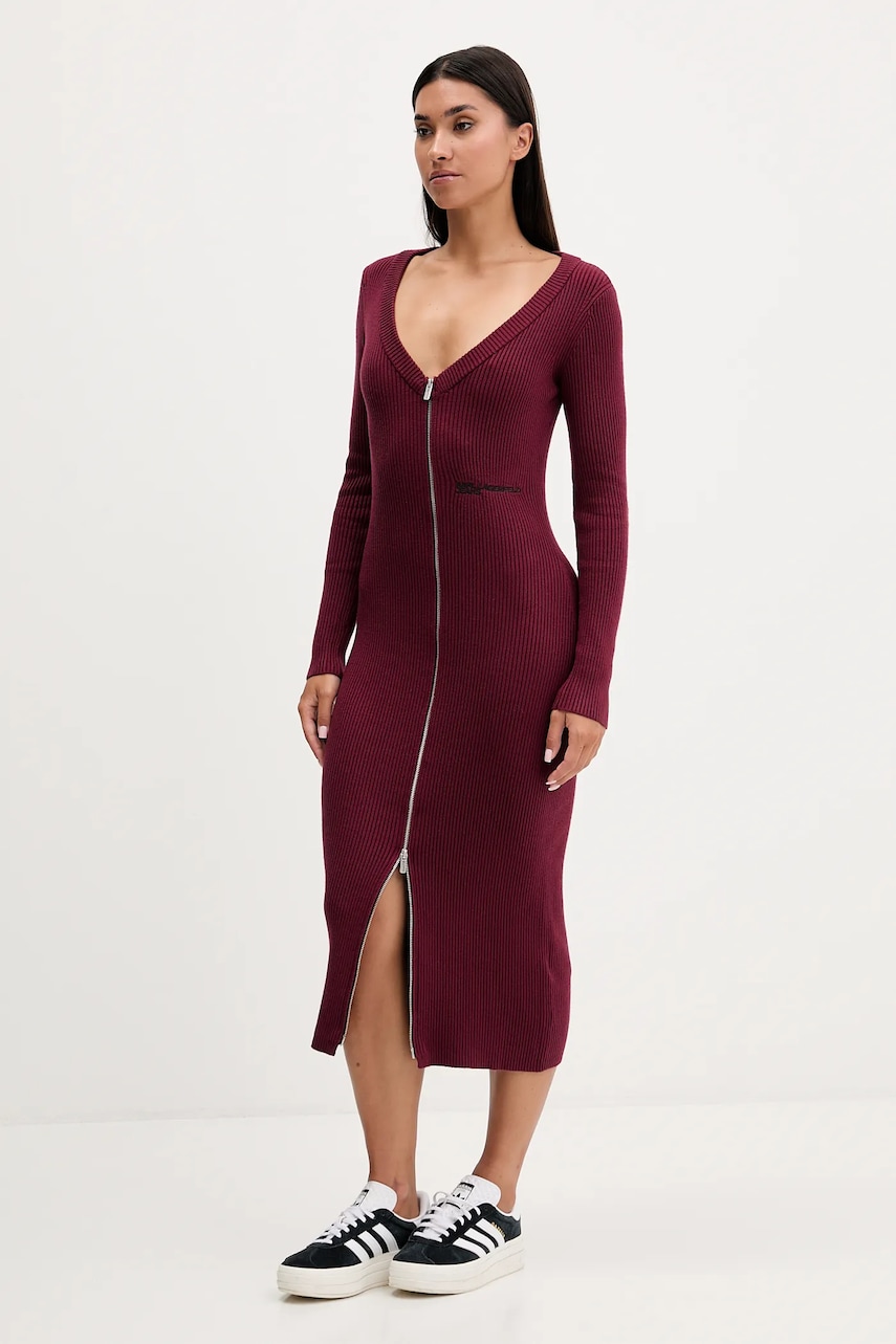 Karl Lagerfeld Jeans rochie culoarea bordo, midi, mulată, A4W13011