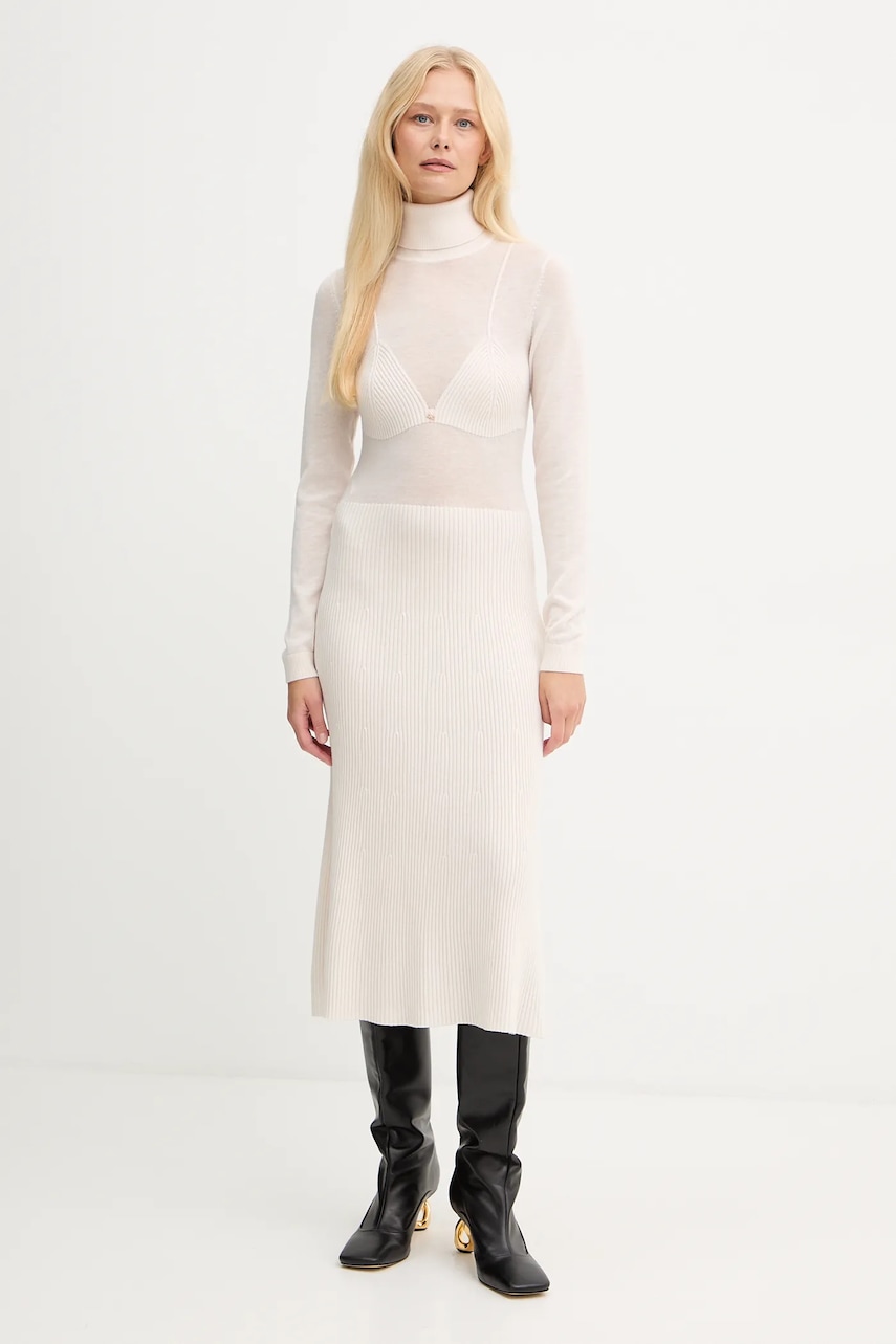 Elisabetta Franchi rochie cu lână culoarea bej, midi, evazati, AM30S57E2