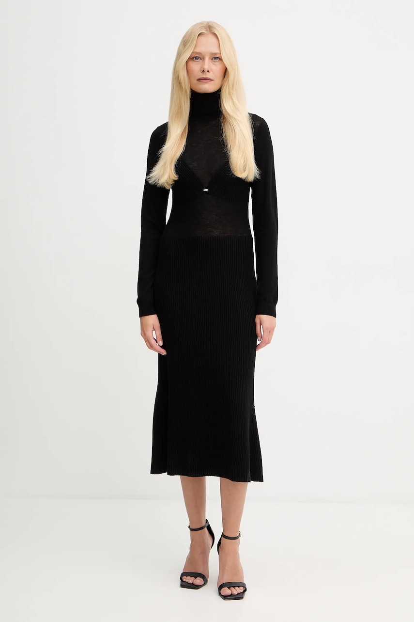 Elisabetta Franchi rochie cu lână culoarea negru, midi, evazati, AM30S57E2 Elisabetta Franchi rochie cu lână culoarea negru, midi, evazati, AM30S57E2