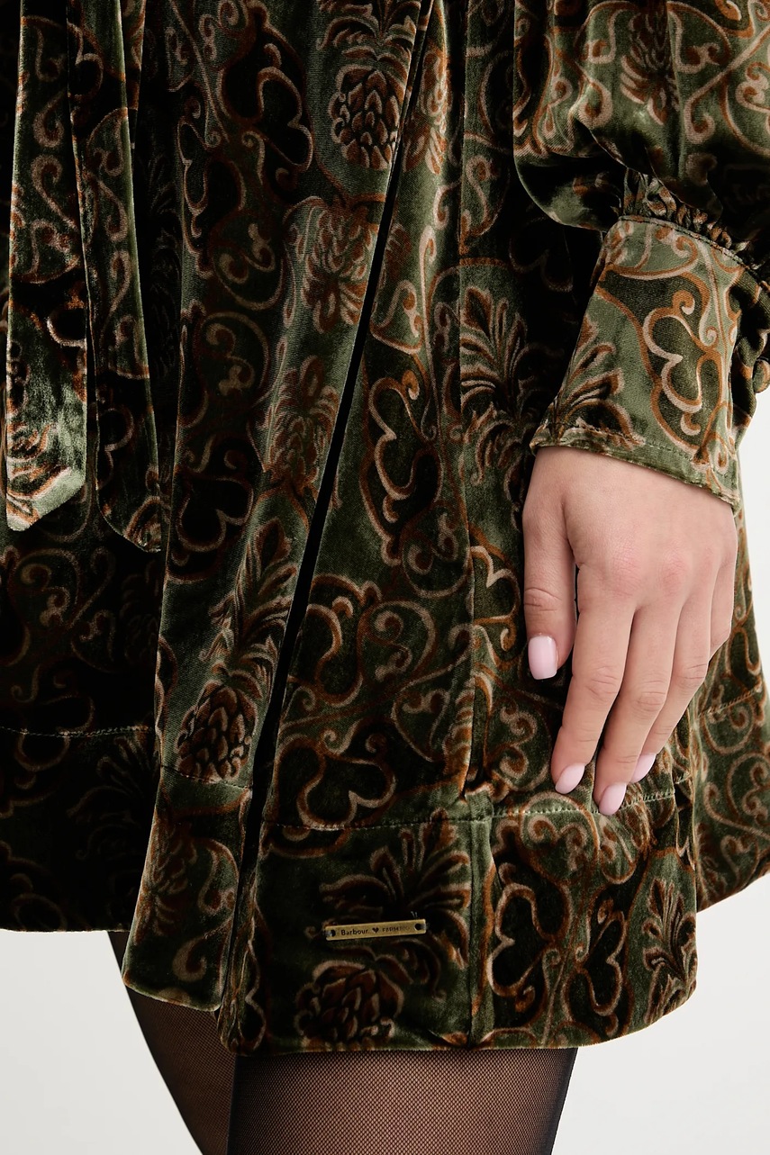 Сукня з додаванням шовку Barbour x Farm Rio колір зелений mini розкльошена LDR0959