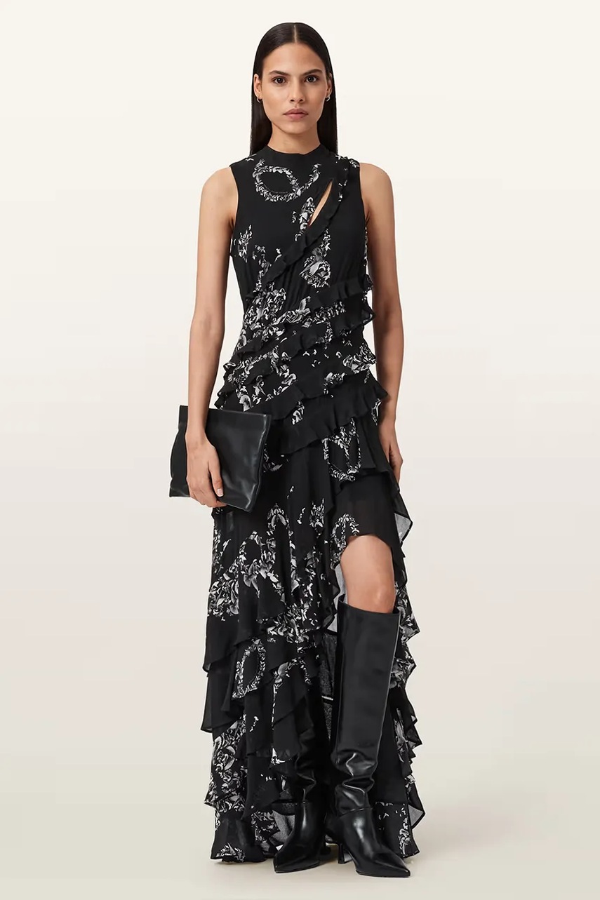 AllSaints rochie din viscoză CADY culoarea negru, midi, evazați, W004DD