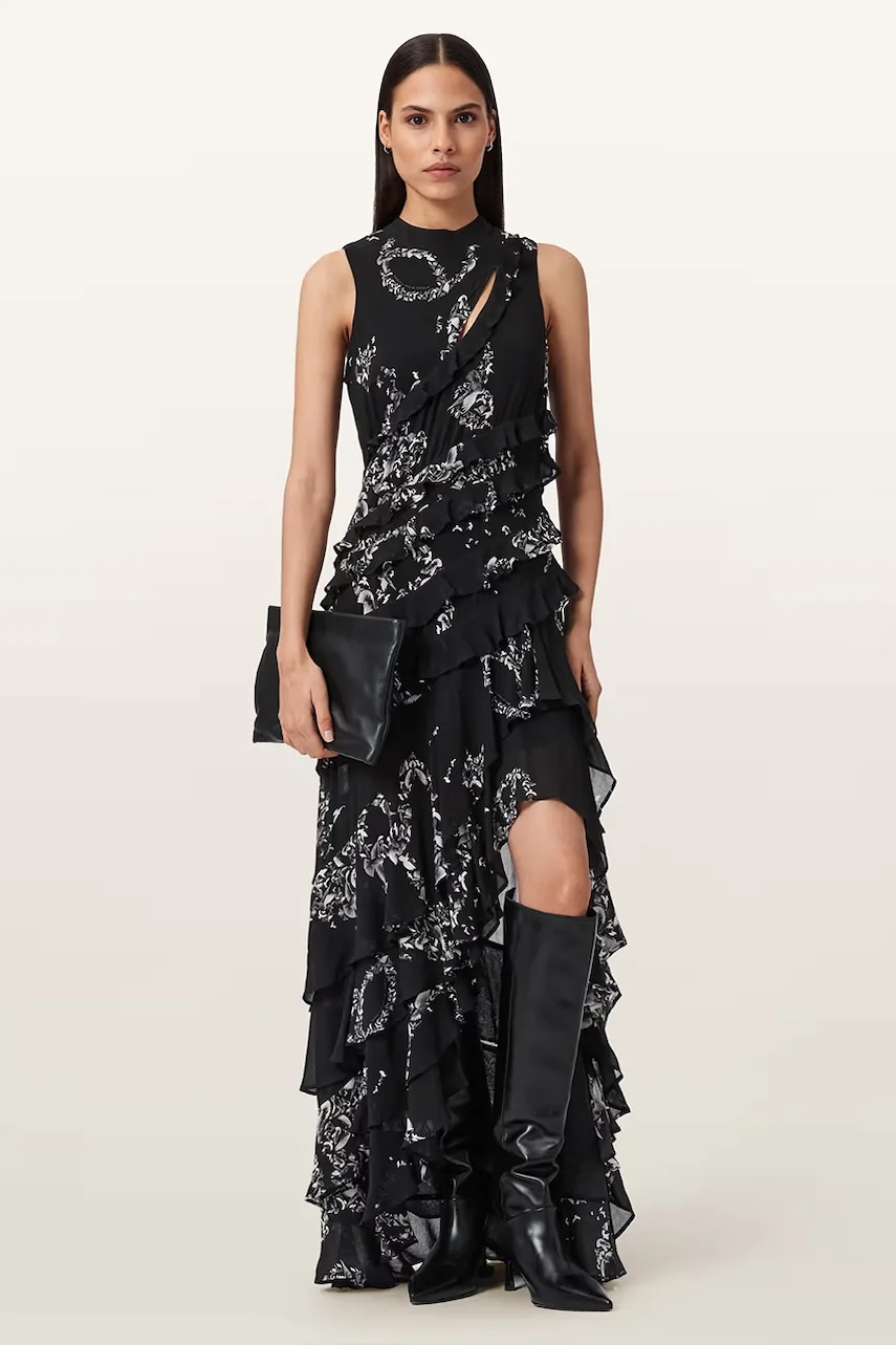 AllSaints rochie din viscoză CADY culoarea negru, midi, evazați, W004DD