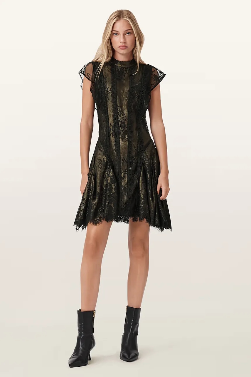 AllSaints rochie FLEUR culoarea negru, mini, evazați, W132DD