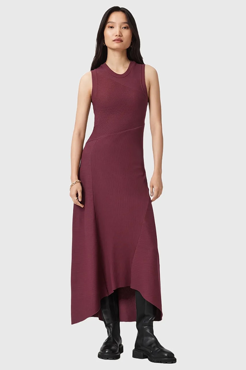 AllSaints rochie GIA culoarea bordo, maxi, evazați, W073DD