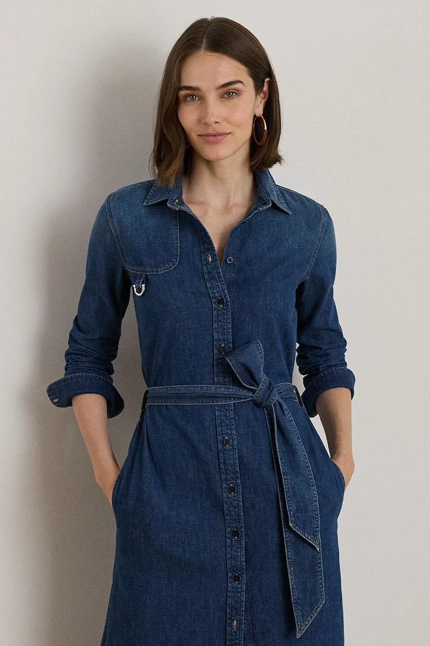 Джинсова сукня Lauren Ralph Lauren колір синій midi розкльошена 200979976