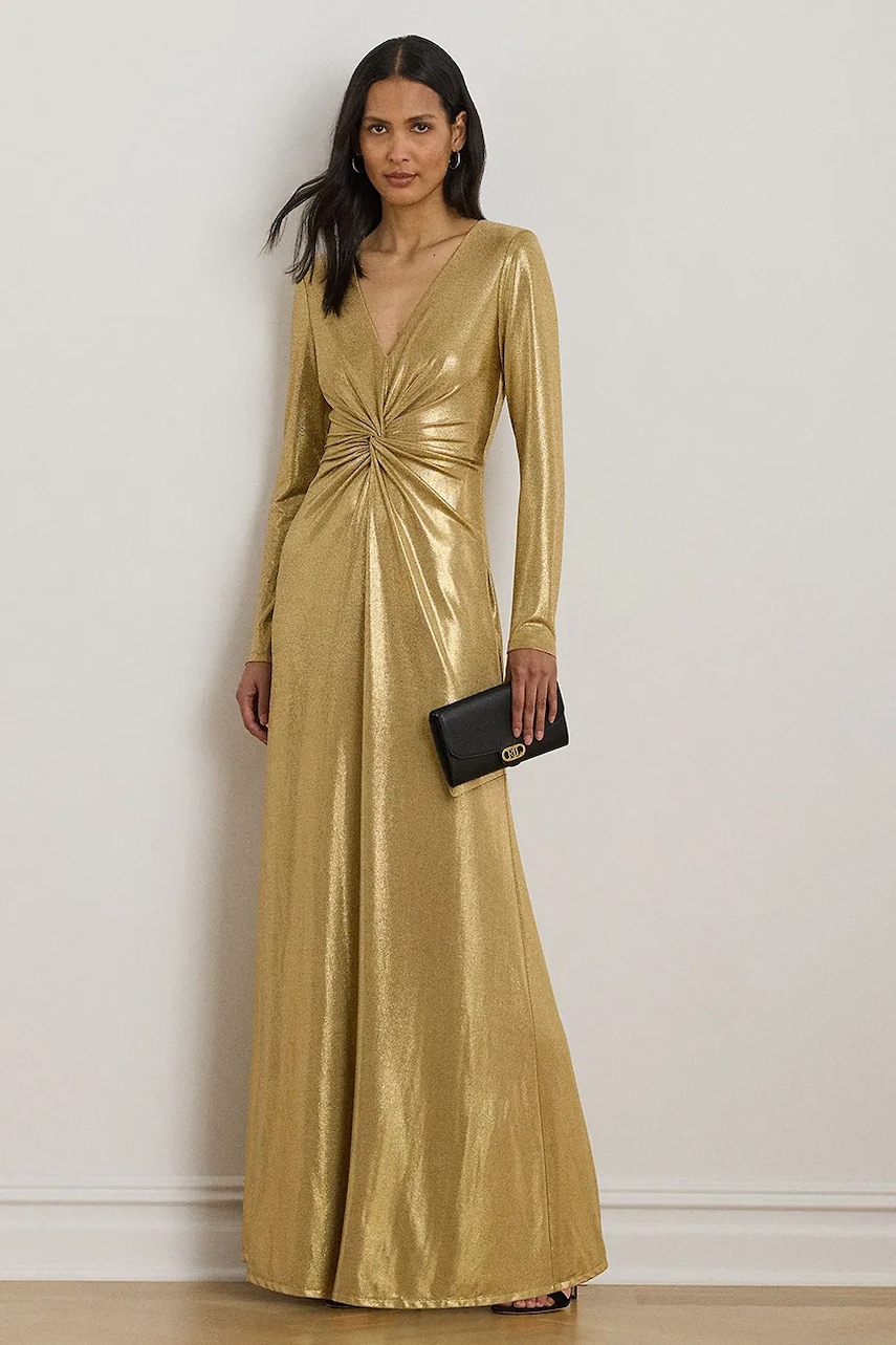 Lauren Ralph Lauren sukienka kolor złoty maxi rozkloszowana 253979967