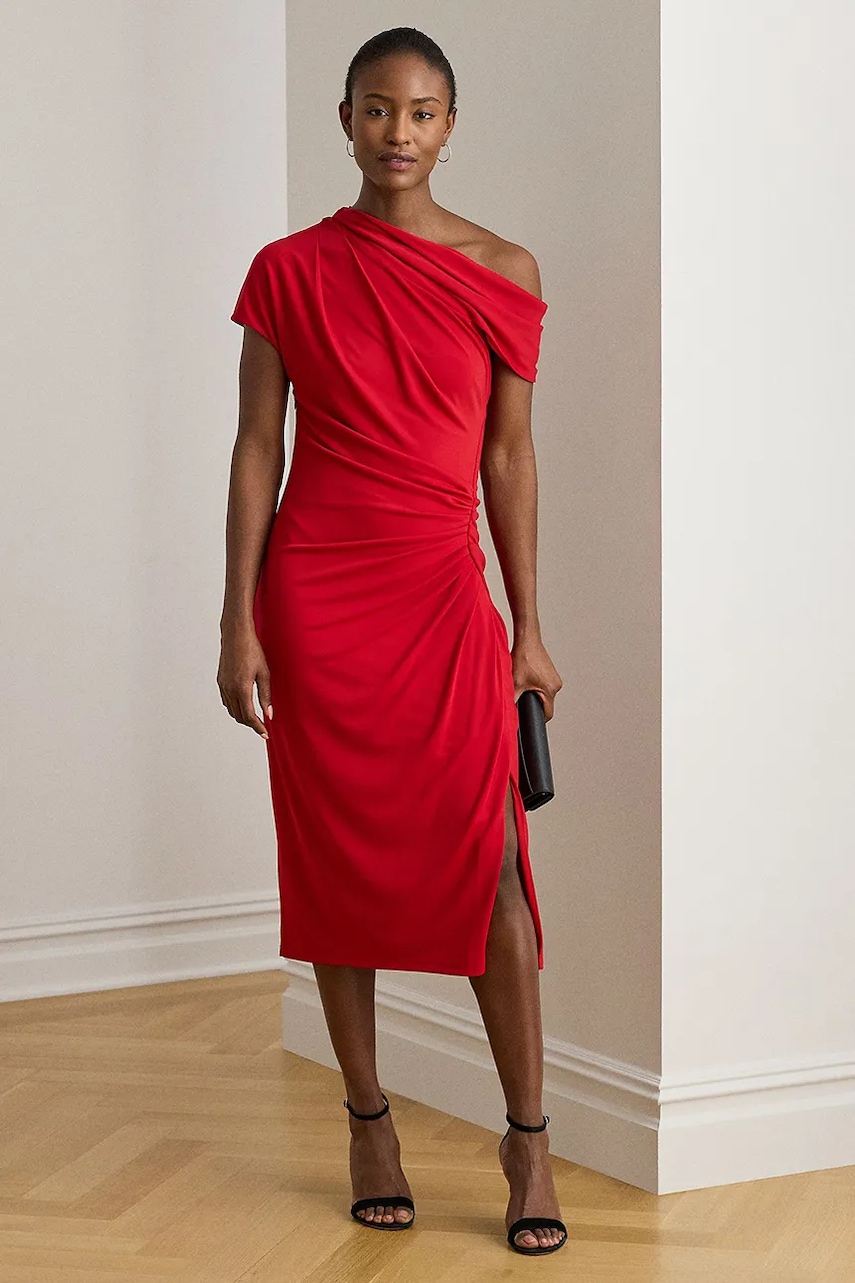 Šaty Lauren Ralph Lauren červená barva, midi, přiléhavé, 200980223