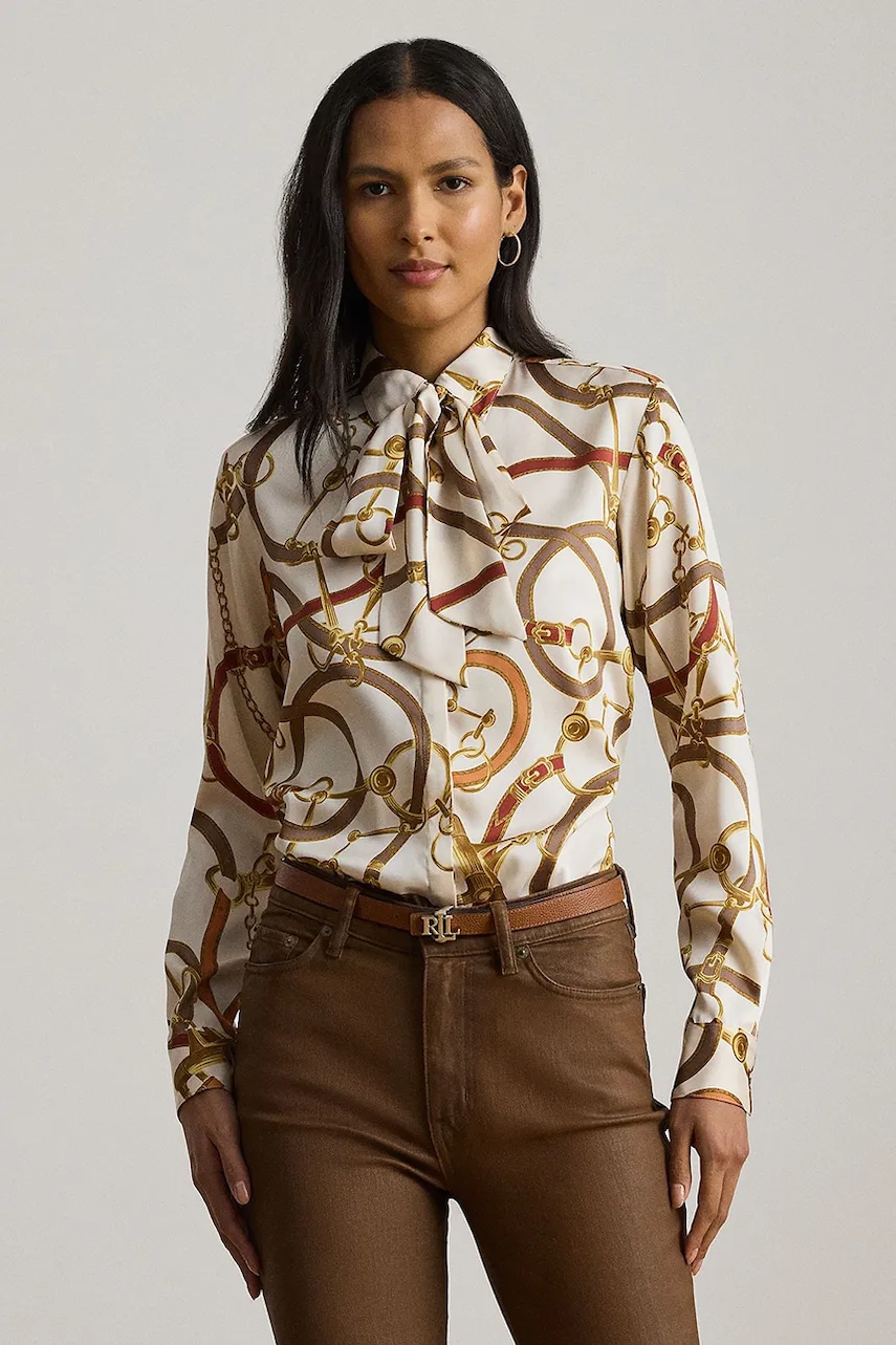 Levně Košile Lauren Ralph Lauren bílá barva, regular, s vázaným výstřihem, 200979807
