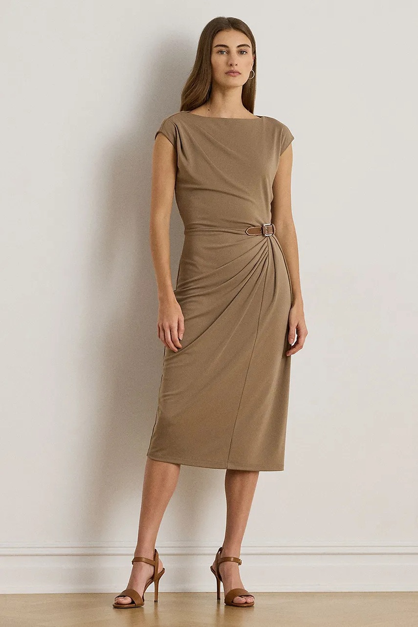 

Рокля Lauren Ralph Lauren в кафяво среднодълга с кройка по тялото 200980221, Кафяв