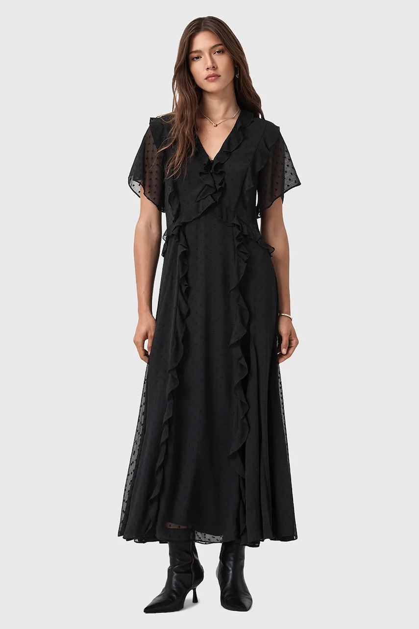 AllSaints rochie MARI culoarea negru, maxi, evazați, W016DD