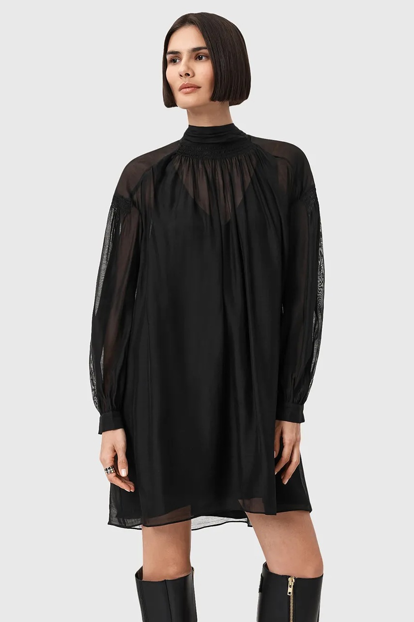 Платье с добавлением шелка AllSaints PEARLA цвет чёрный mini расклешённое W095DD