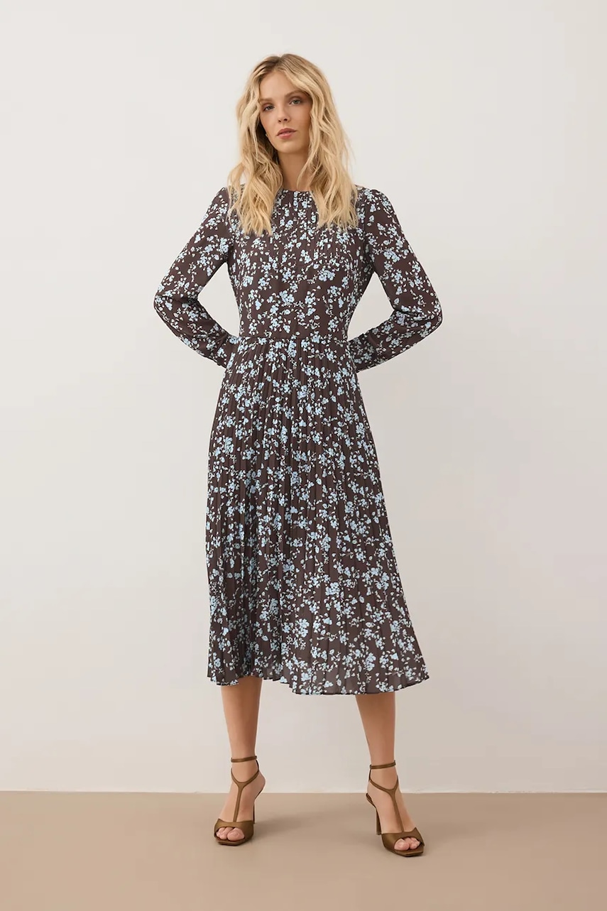 Bizuu rochie NYLA culoarea maro, midi, evazați, NYLA BRĄZOWY