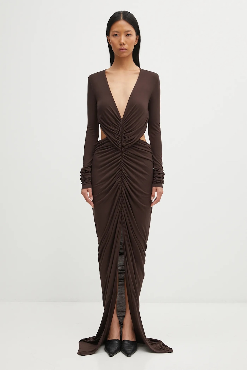 Rick Owens Lilies rochie Poppy culoarea maro, maxi, mulată, LI02E3507.RV