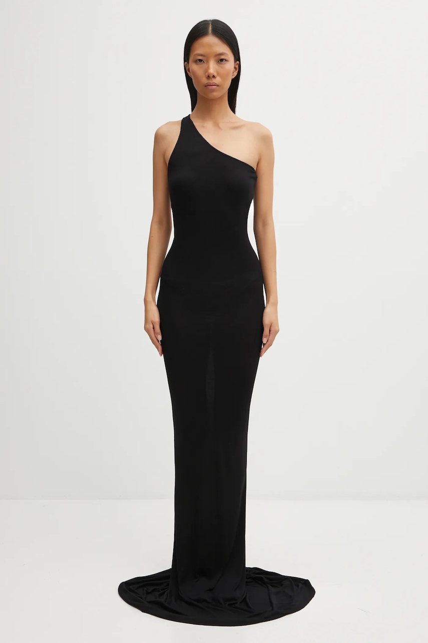 Rick Owens Lilies rochie din viscoză One Shoulder Gown culoarea negru, maxi, mulată, LI02E3571.RV