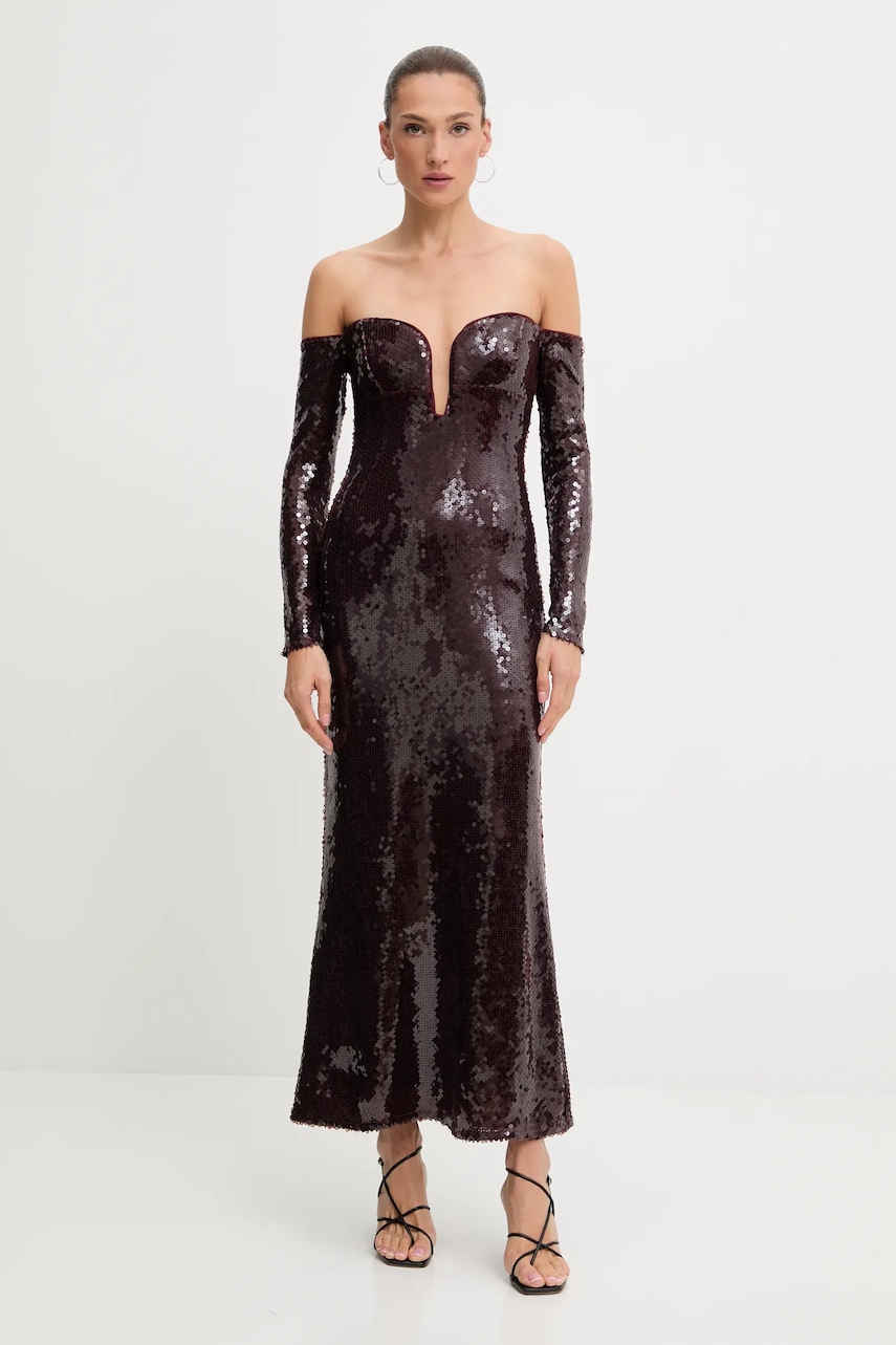 Bardot rochie culoarea bordo, midi, mulată, 59908DB