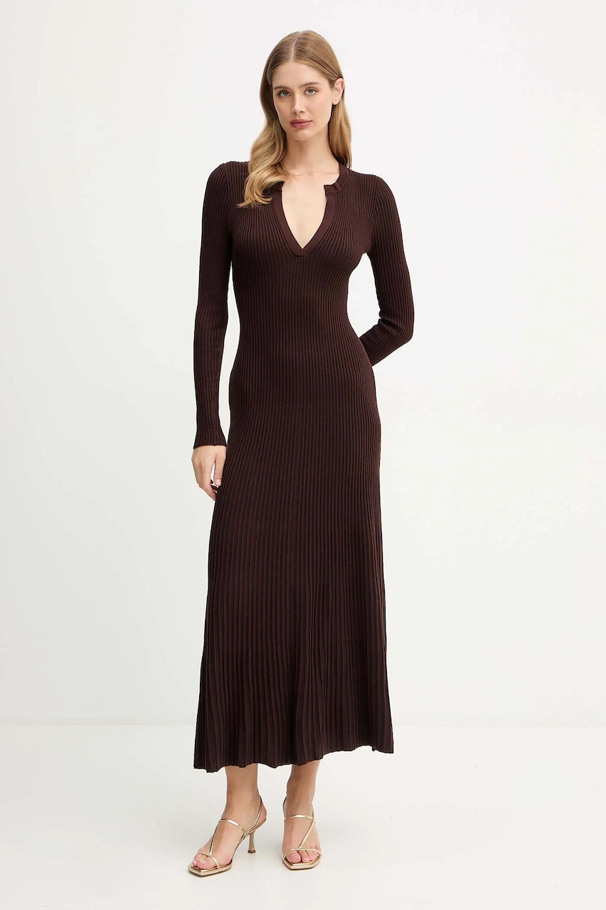 Bardot rochie culoarea maro, maxi, evazați, 60002DB