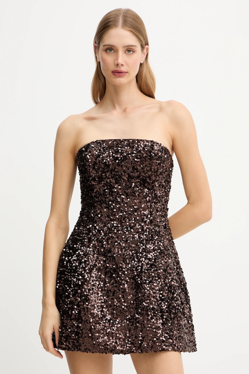 Bardot rochie culoarea maro, mini, evazați, 60027DB