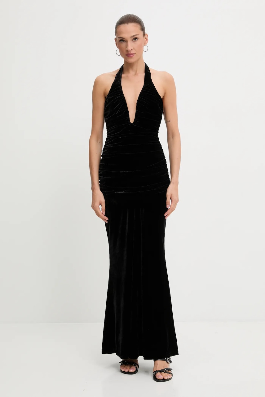 Bardot rochie de catifea culoarea negru, maxi, evazați, 60117DB