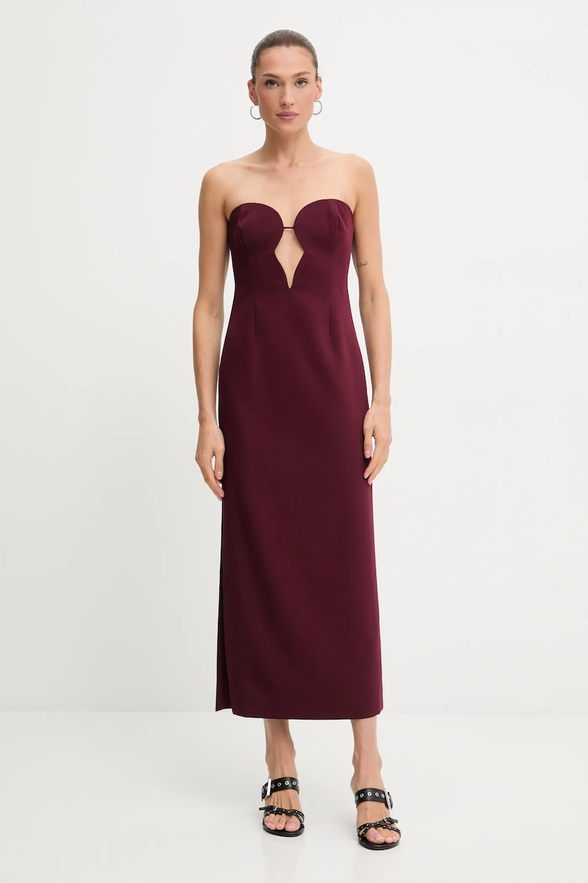 Bardot rochie culoarea bordo, midi, mulată, 57941DB3