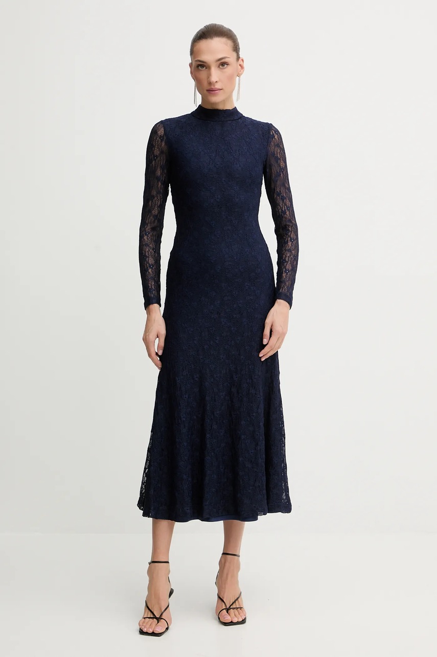 Bardot rochie culoarea bleumarin, midi, evazați, 59476DB2
