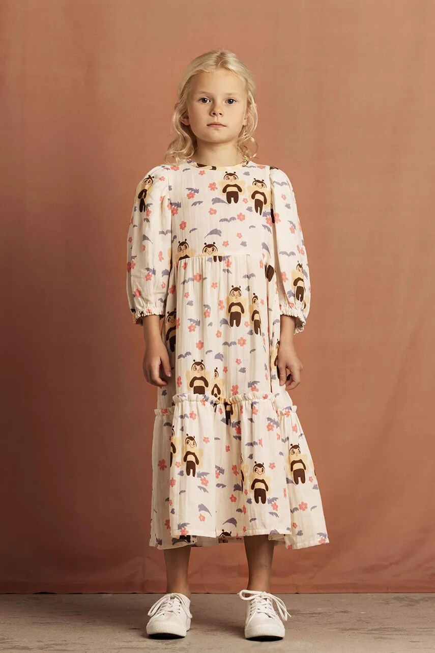 Levně Dětské bavlněné šaty Mini Rodini Muslin bee béžová barva, midi, 2565011411