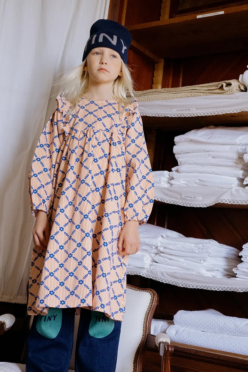 Tinycottons rochie fete FLOWER GRID PRINT DRESS culoarea bej, midi, evazați, AW25-471