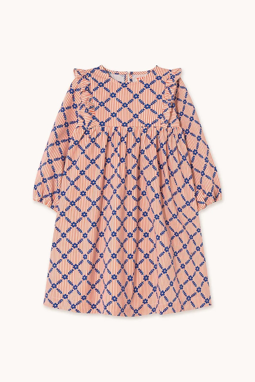 Детское платье Tinycottons FLOWER GRID PRINT DRESS цвет бежевый midi расклешённое AW25-471 Детское платье Tinycottons FLOWER GRID PRINT DRESS цвет бежевый midi расклешённое AW25-471