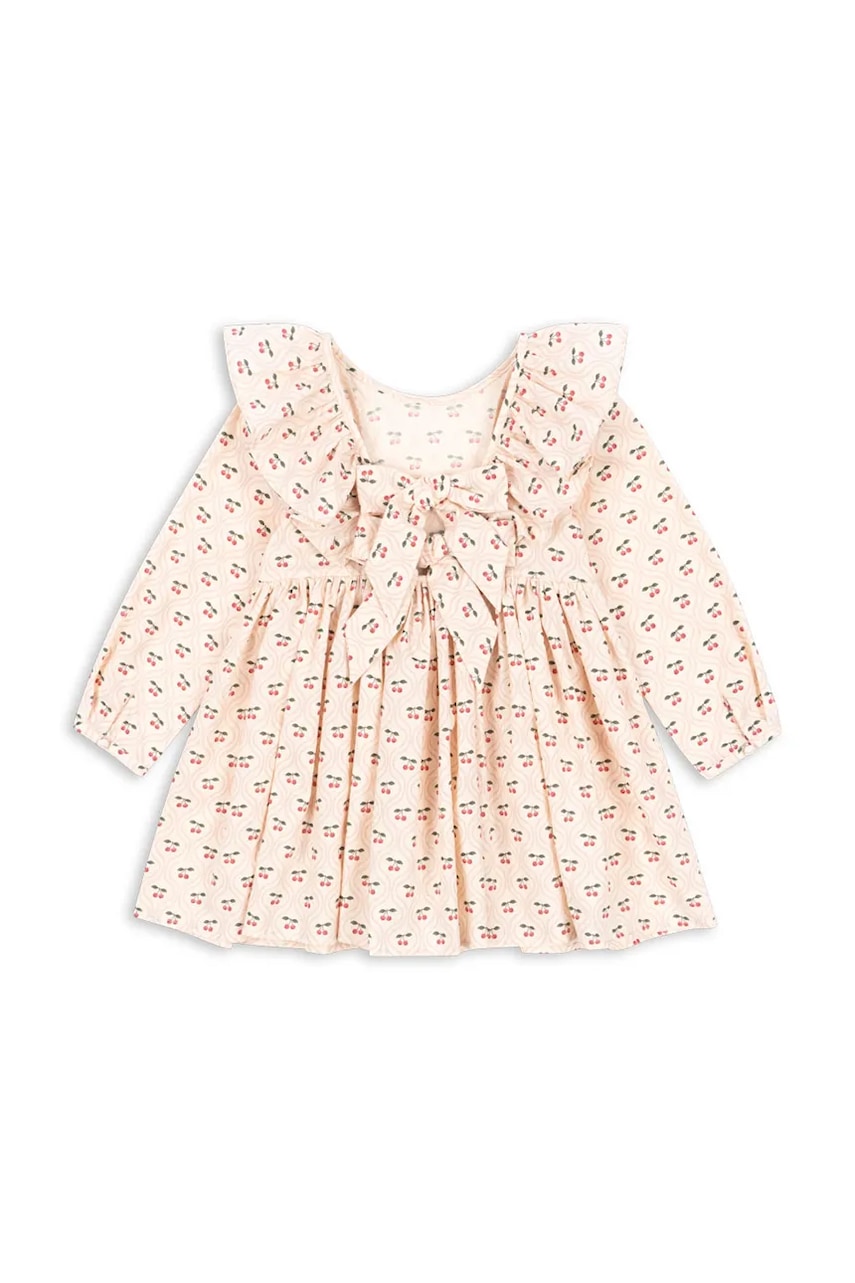 Konges Sløjd rochie din bumbac pentru copii CIANNA LS BOW DRESS GOTS culoarea bej, mini, evazați, KS103755