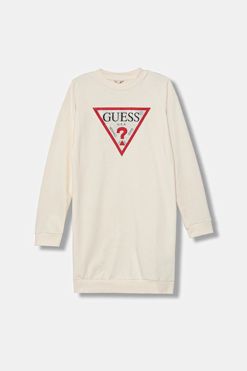 Levně Dětské bavlněné šaty Guess béžová barva, mini, oversize, J3YK20 KA6R4