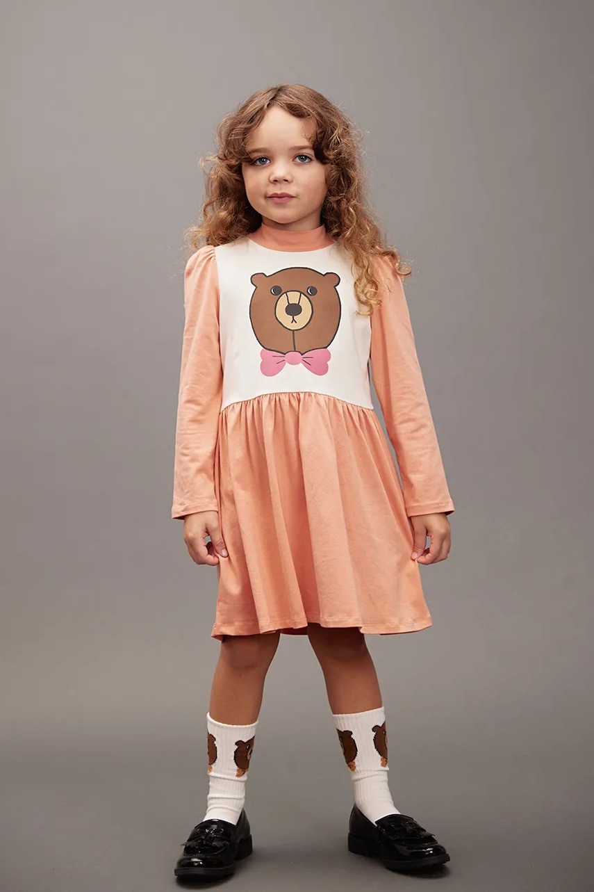 Mini Rodini rochie din bumbac pentru copii Bear culoarea portocaliu, mini, evazați, 25750121