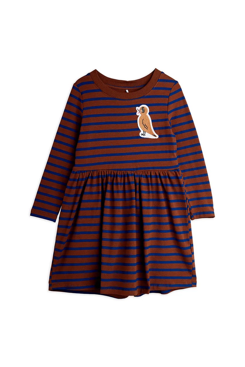 Детское платье с хлопком Mini Rodini Stripe bird цвет коричневый mini расклешённое 25750122