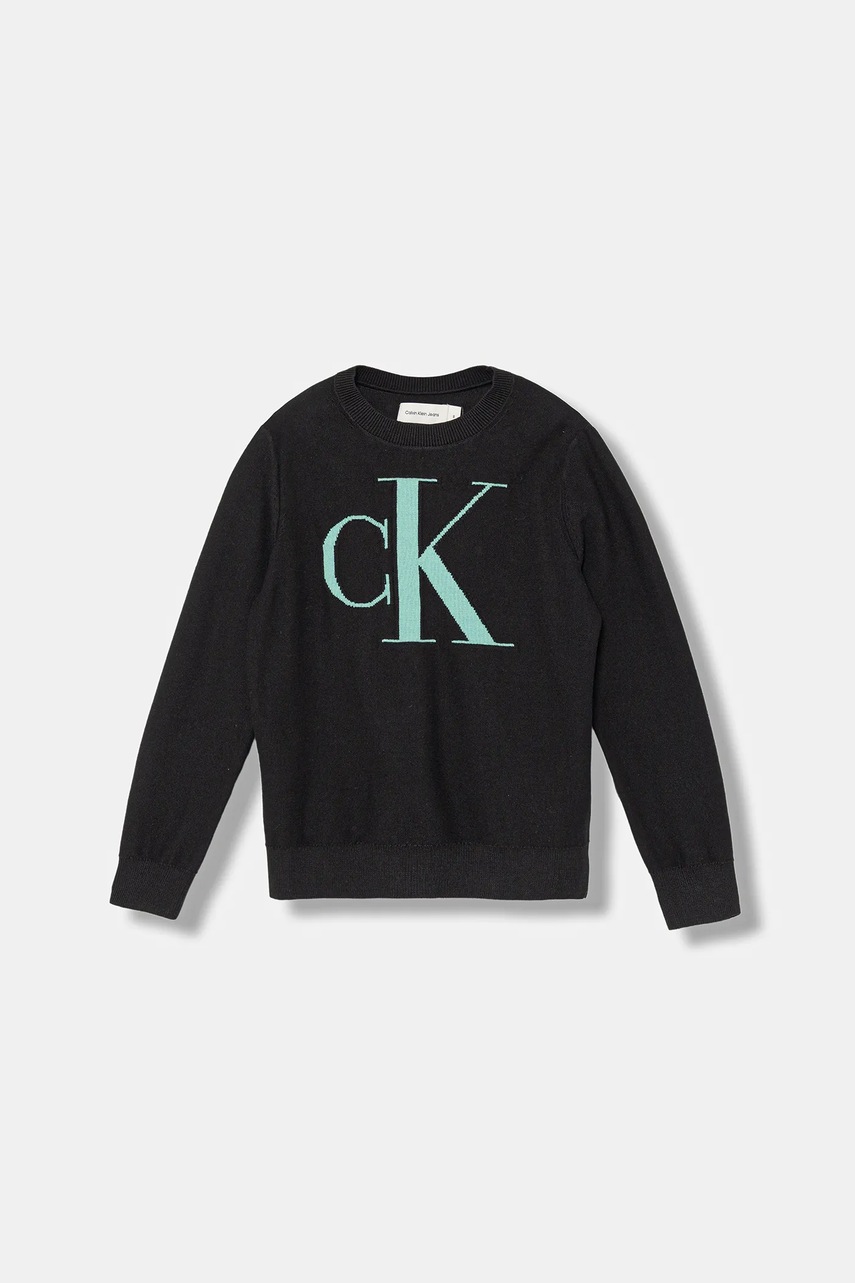 Levně Dětský bavlněný svetr Calvin Klein Jeans černá barva, IB0IB02152