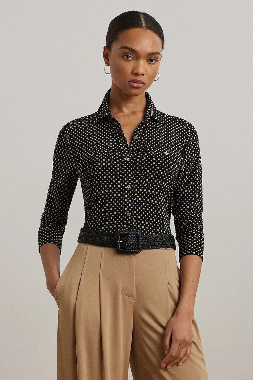 Levně Košile Lauren Ralph Lauren dámská, černá barva, slim, s klasickým límcem, 200971090
