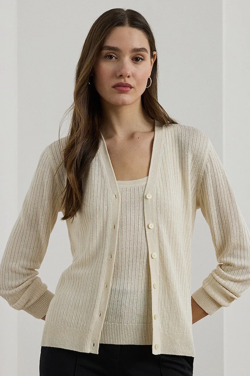 Levně Lněný kardigan Lauren Ralph Lauren dámský, béžová barva, 200971350
