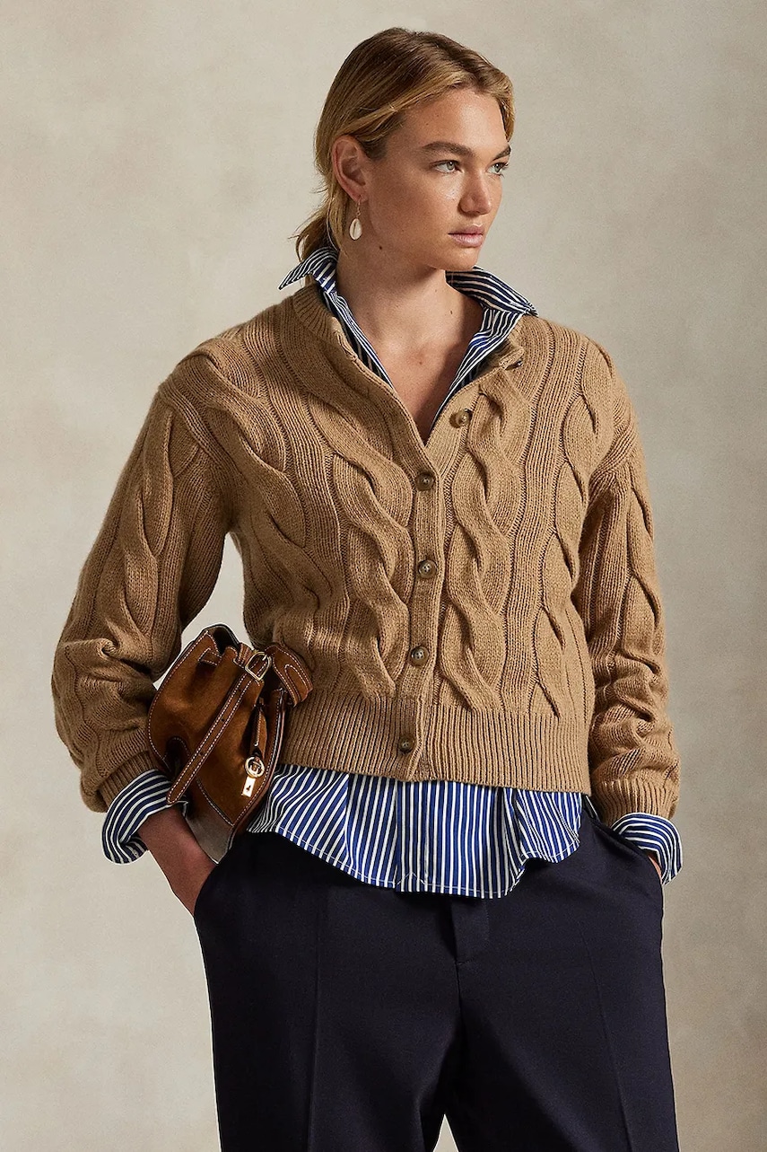 Levně Vlněný kardigan Polo Ralph Lauren dámský, béžová barva, 211972128