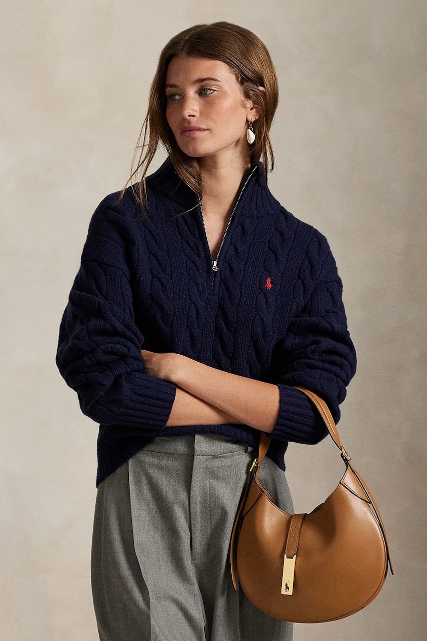 Levně Vlněný svetr Polo Ralph Lauren dámský, tmavomodrá barva, s pologolfem, 211972130