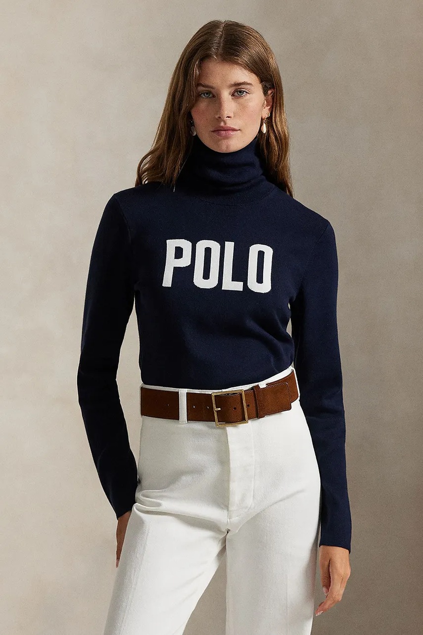 Levně Bavlněný svetr Polo Ralph Lauren dámský, tmavomodrá barva, s golfem, 211972136