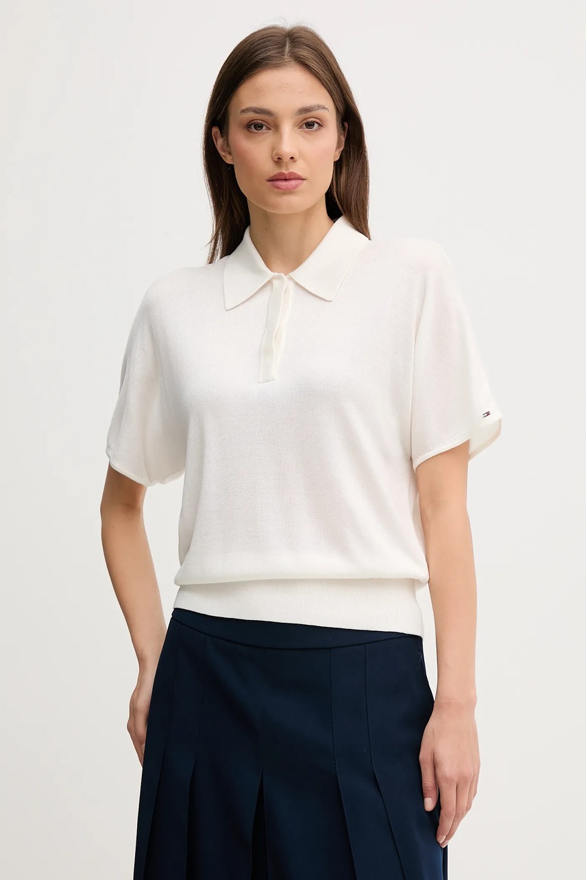 Levně Polo triko s příměsí hedvábí Tommy Hilfiger dámské, béžová barva, WW0WW45652