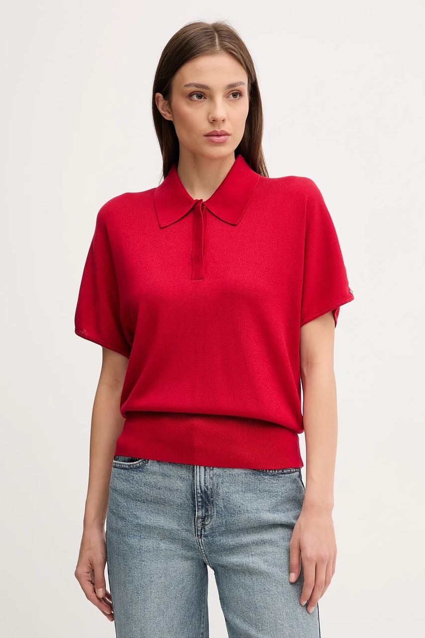 Levně Polo triko s příměsí hedvábí Tommy Hilfiger dámské, červená barva, WW0WW45652