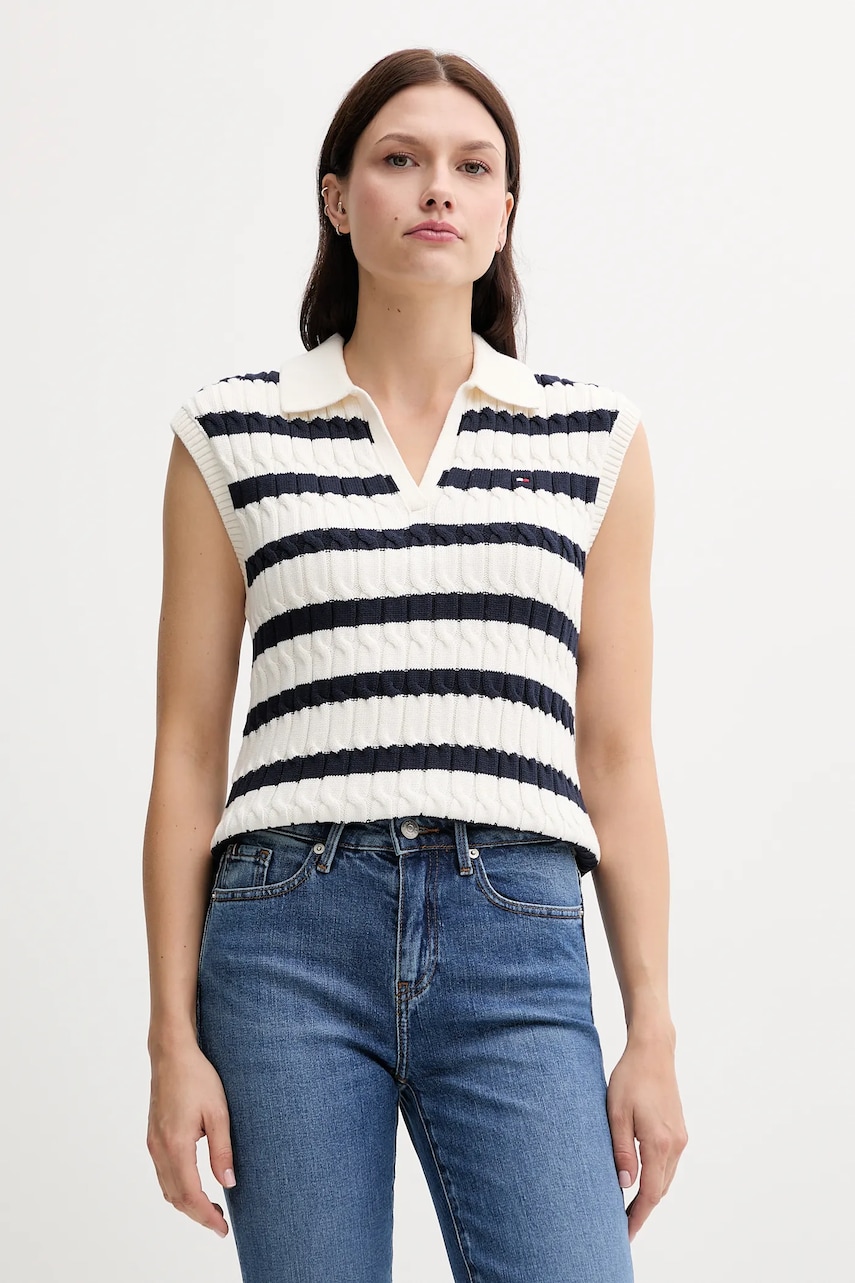 Levně Bavlněná vesta Tommy Hilfiger dámská, béžová barva, WW0WW45655
