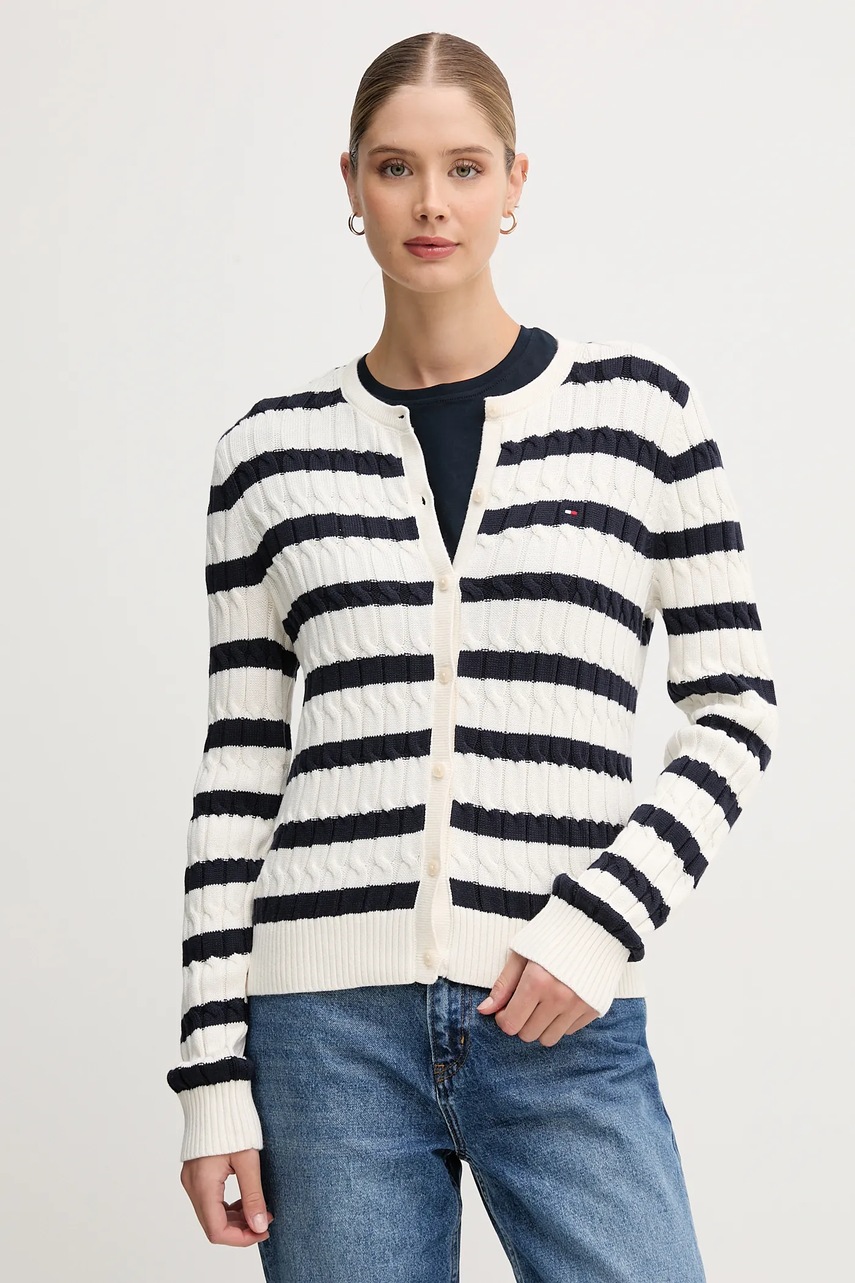 Βαμβακερή ζακέτα Tommy Hilfiger γυναικεία, χρώμα: μπεζ, WW0WW46514