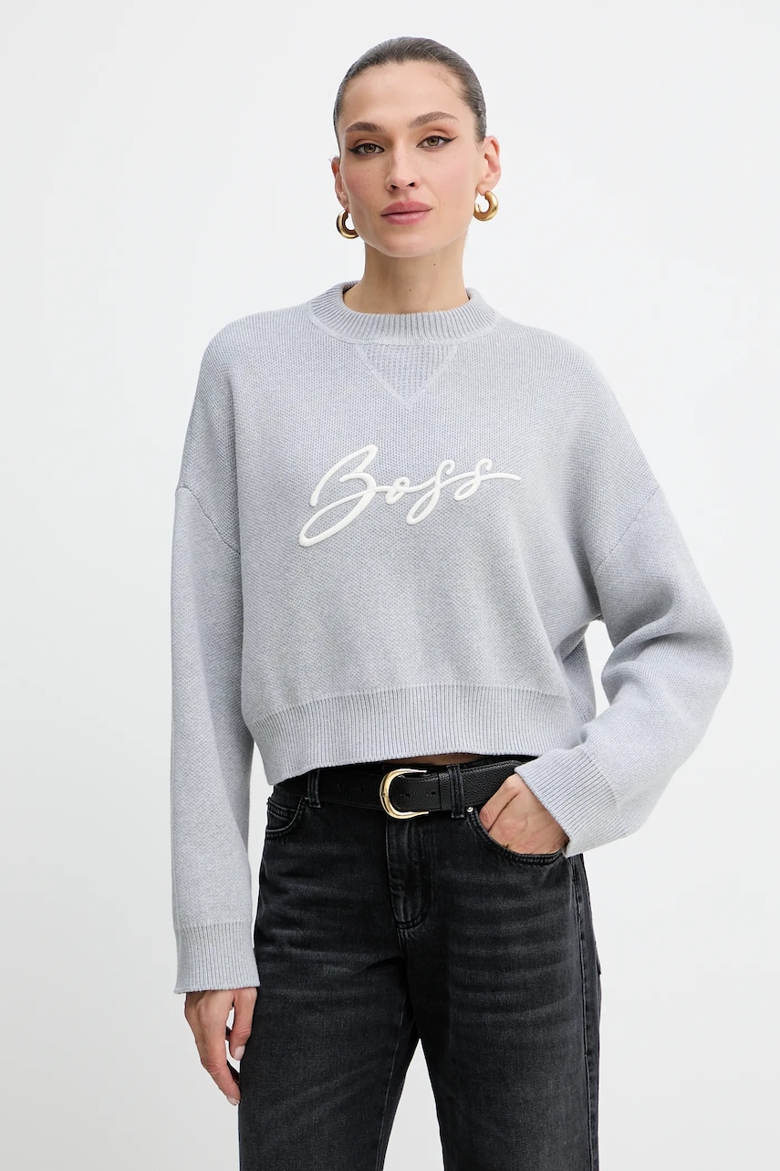 BOSS Orange pulover de bumbac culoarea gri, 50543979