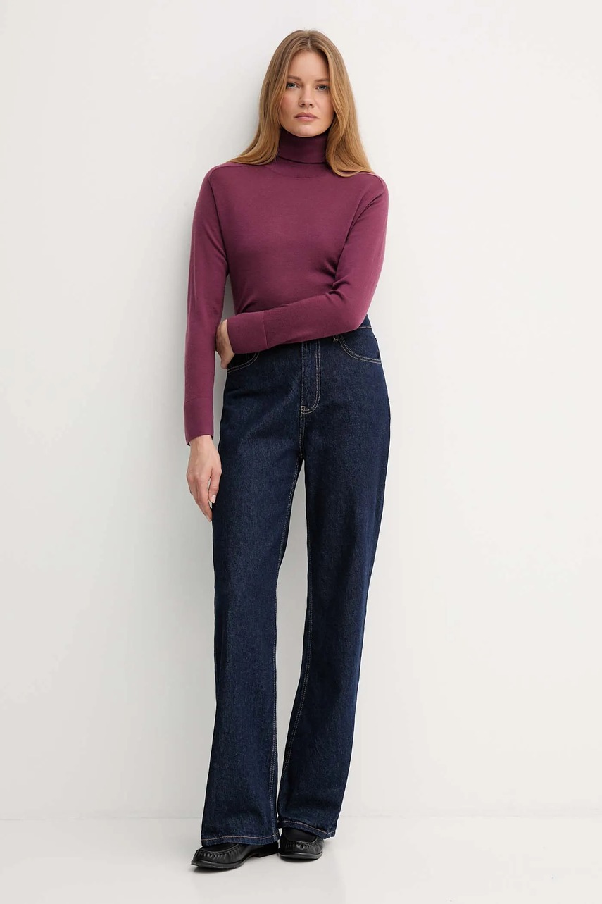 Шерстяной свитер United Colors of Benetton цвет фиолетовый лёгкий с гольфом 11AHD203Y