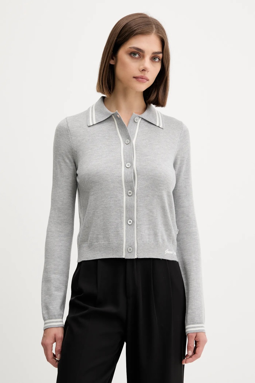 Levně Kardigan s příměsí vlny Guess Jeans dámský, šedá barva, W5YR32 Z3HO2